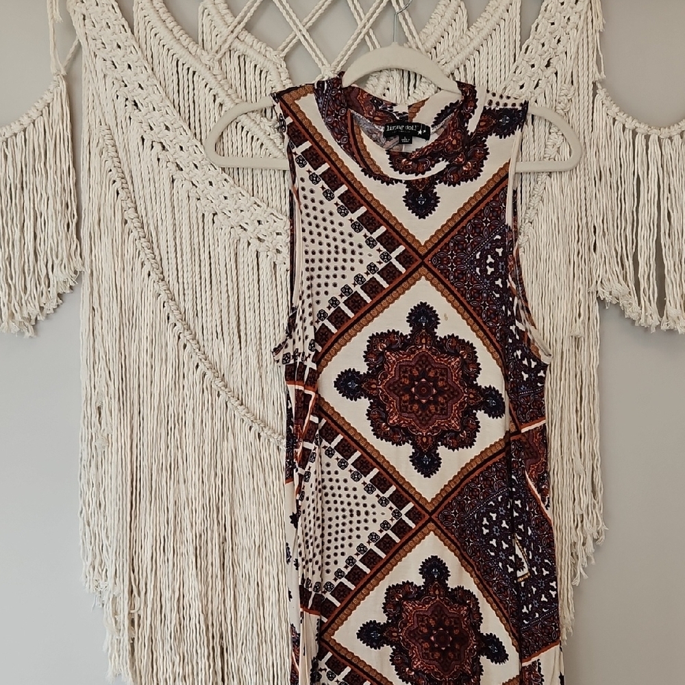 living doll Cream, Brown & Black Patterned Midi Dress
